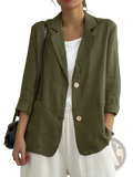 Olive green women casual linen blazer with beige buttons and rolled-up sleeves long sleeve solid jacket