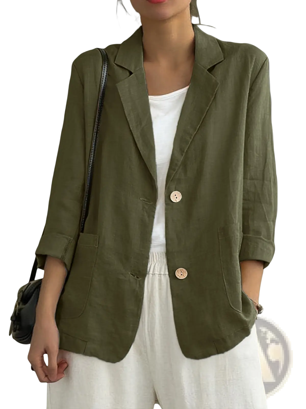 Olive green women casual linen blazer with beige buttons and rolled-up sleeves long sleeve solid jacket
