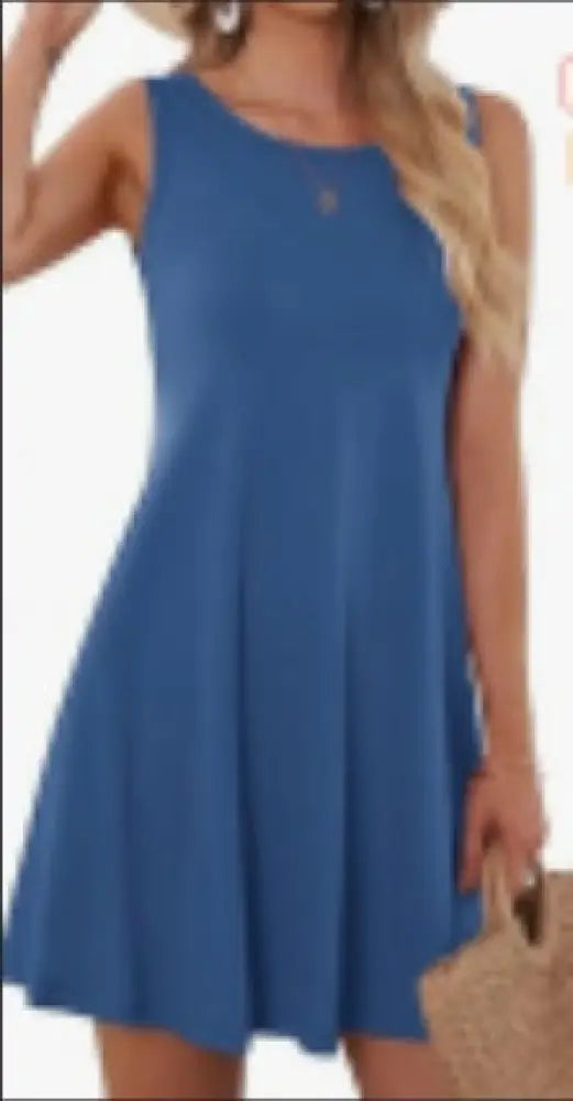 Women’s sleeveless solid blue rayon a-line swing dress with round neckline and subtle pleats at the hem