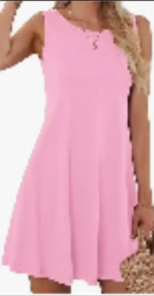 A soft pink sleeveless rayon a-line swing dress with a gently flared skirt and subtle pleats for women
