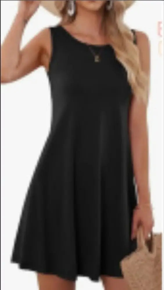 Black sleeveless rayon swing t-shirt dress with round neckline and flowing a-line skirt for women