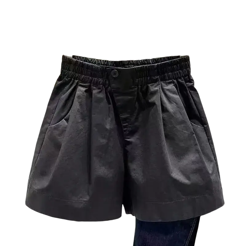 Black high-waisted casual pants shorts with elastic waistband and single button closure for summer loose fit model number