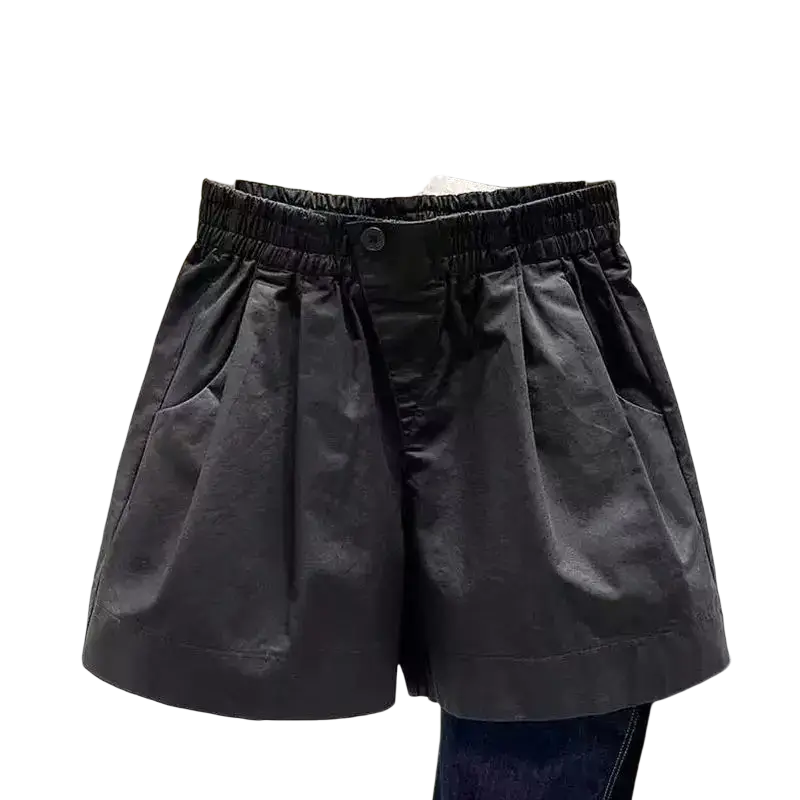 Women casual pants high waist loose summer shorts in black with elastic waistband and single button closure