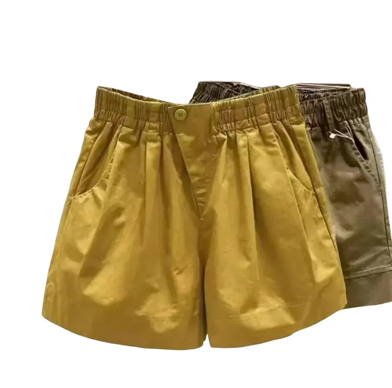 Mustard yellow high waist casual pants pleated shorts with elastic waistband and single button closure for summer