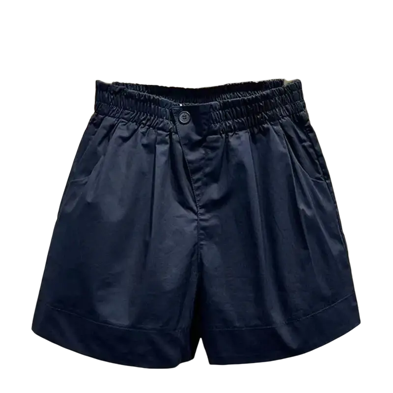 Navy blue high waist loose summer shorts with elastic waistband and button closure casual pants for women