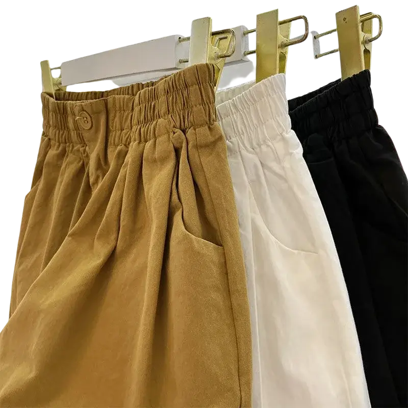 Tan corduroy high-waisted casual pants with elastic waistband and front pockets for women summer loose shorts