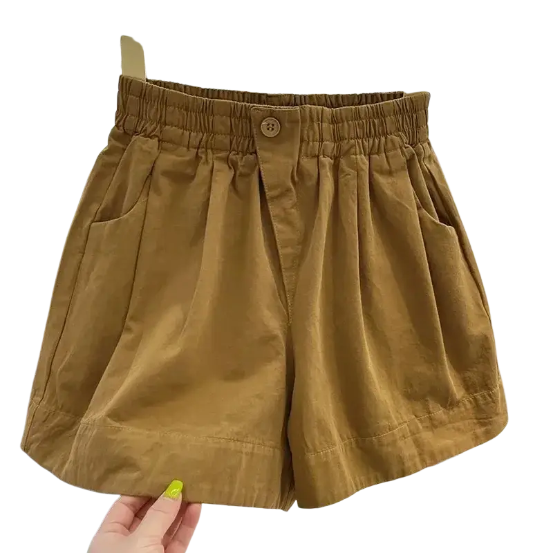 Tan cotton women casual pants high waist loose summer shorts with elastic waistband and single button closure model number