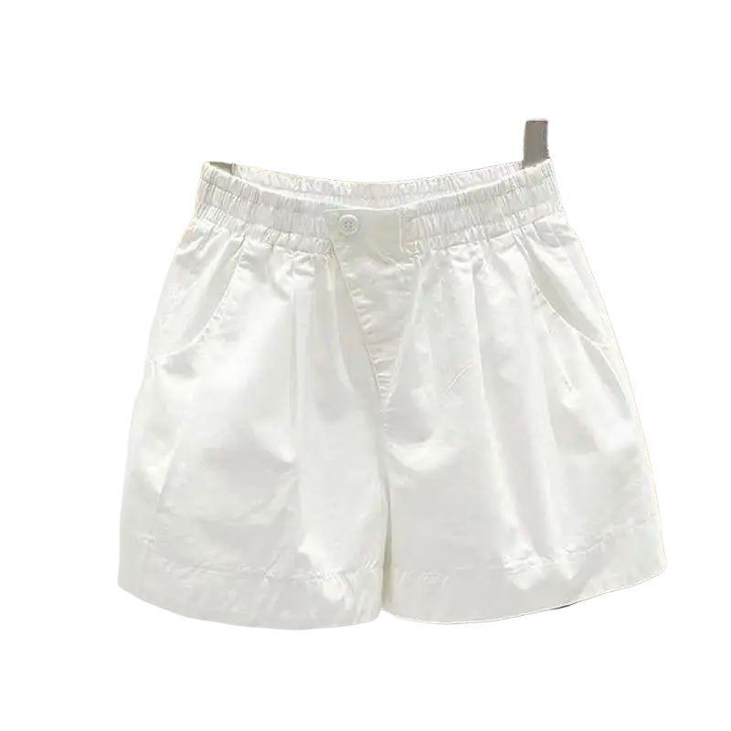 Women casual pants high waist loose summer shorts white lightweight cotton with elastic waistband and button closure
