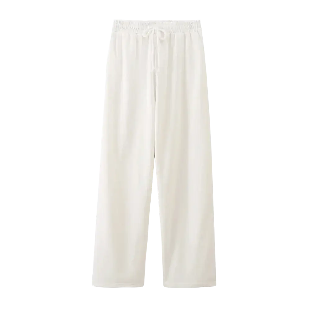Cream-colored wide-leg pants with elastic waistband and drawstring paired with women casual short sleeve loose t shirt