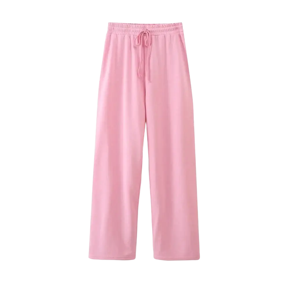 Soft pink wide leg pants with elastic waistband and drawstring paired with women casual short sleeve loose t shirt