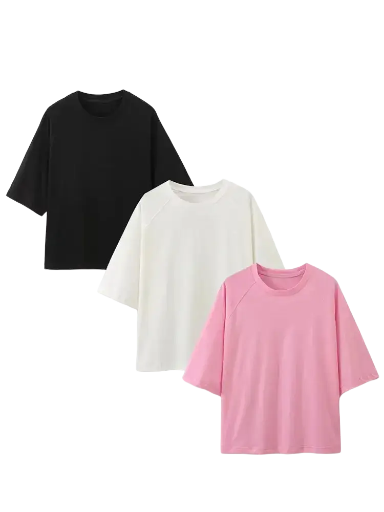 Three minimalist women casual short sleeve loose t shirts in black white and pink perfect for everyday wear