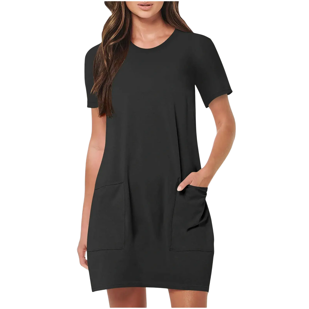 Women casual short sleeve pocket dress in black with a relaxed fit and two front pockets perfect for everyday wear