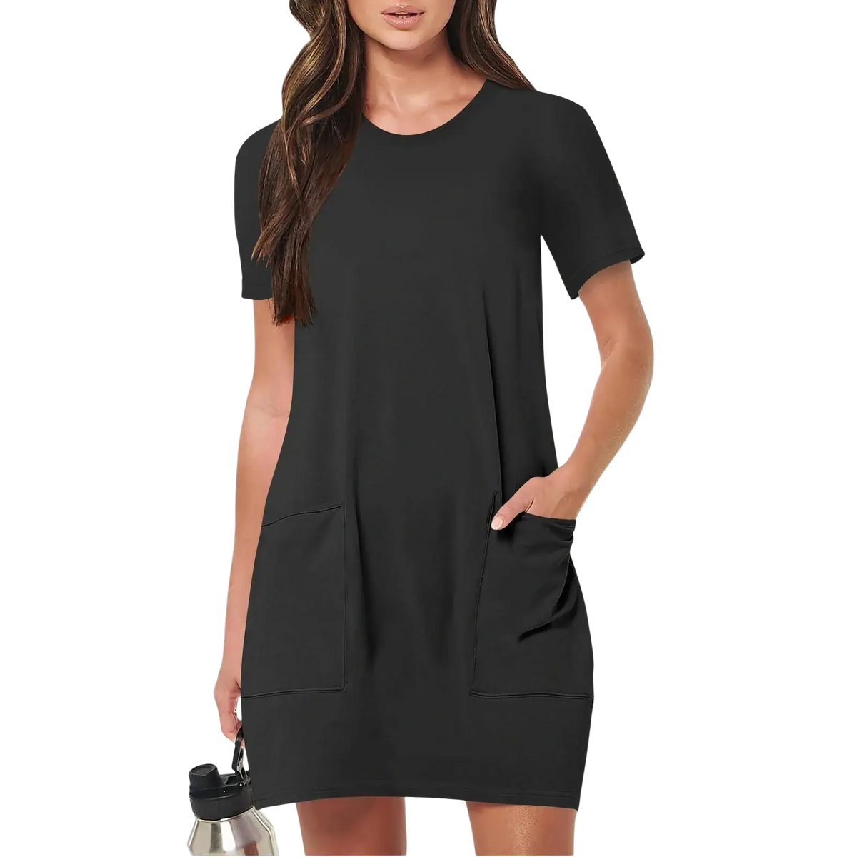 Women casual short sleeve black dress made of soft fabric with two front pockets for everyday wear