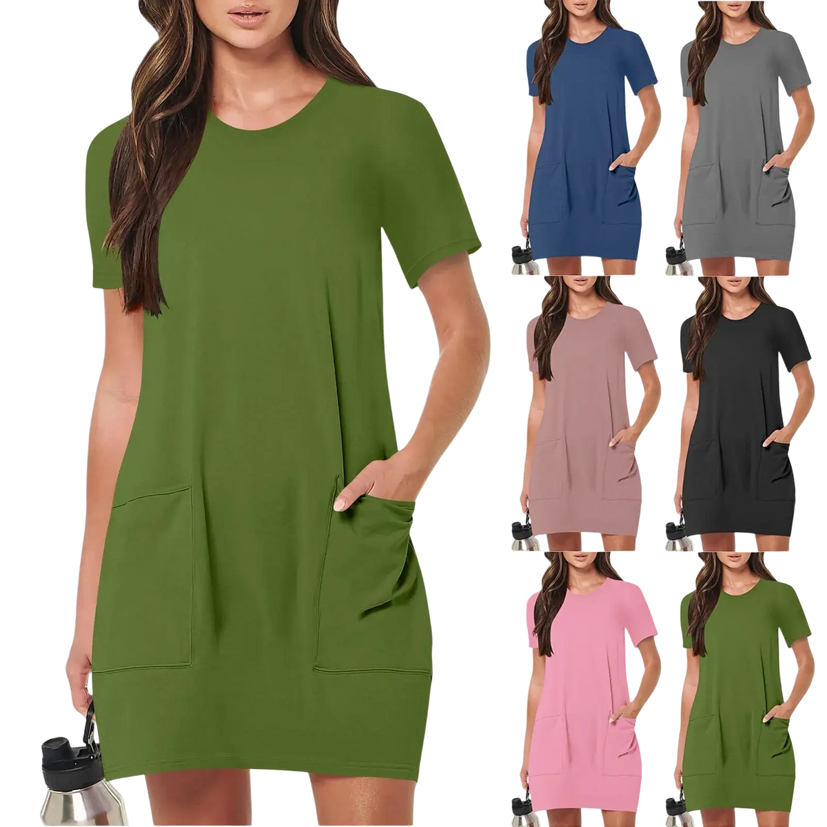 Olive green women casual short sleeve tunic dress with front pockets made of soft fabric for everyday wear
