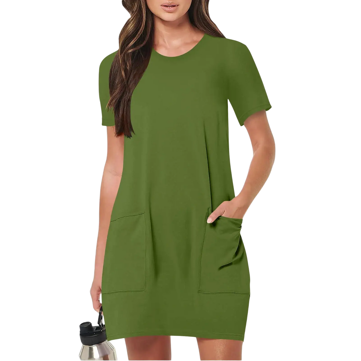 Olive green short sleeve casual dress with two front pockets made from soft breathable fabric for women