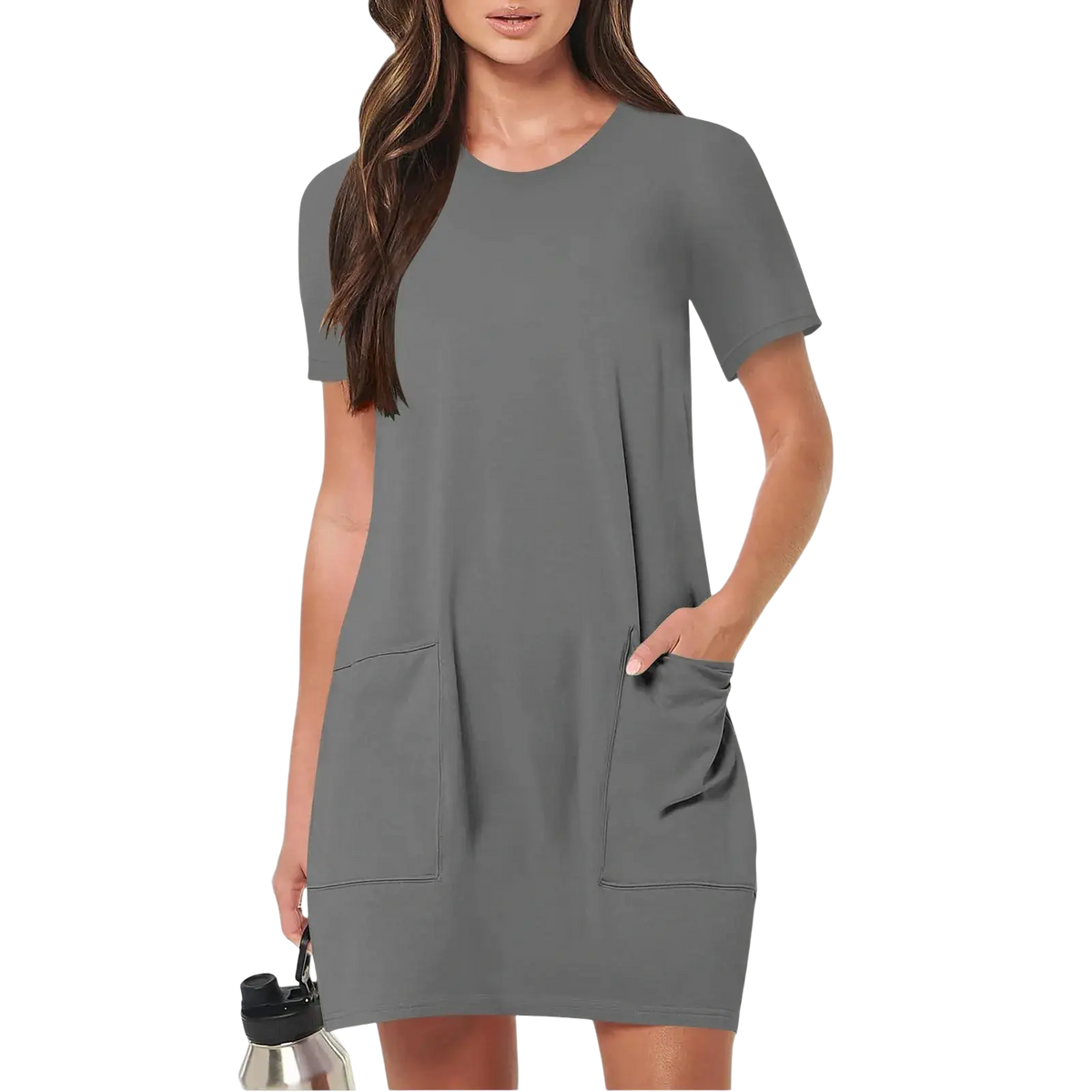 A soft gray women casual short sleeve pocket dress with relaxed fit knee-length design and two front pockets
