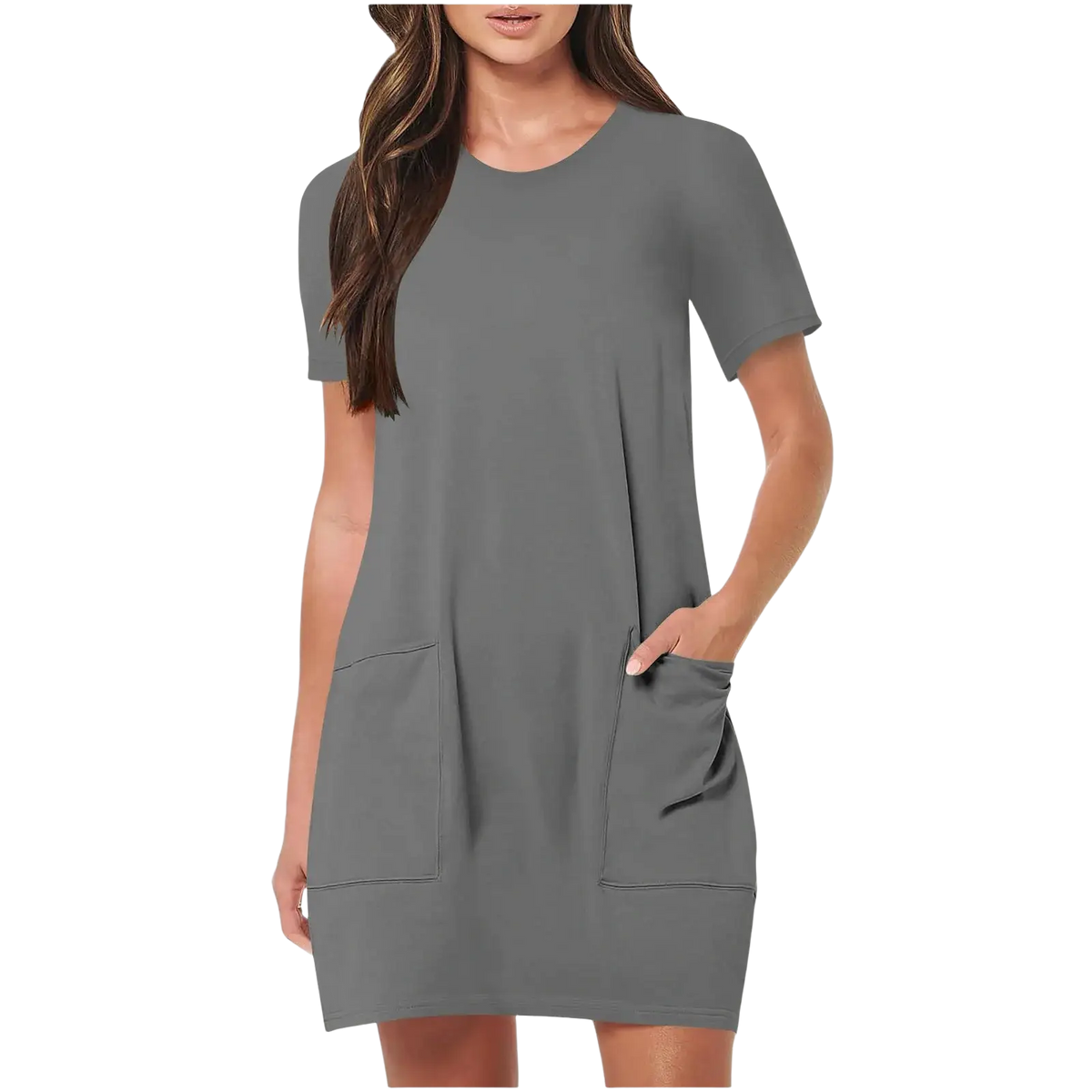 Women casual short sleeve pocket dress in soft gray fabric with relaxed fit and two large front pockets