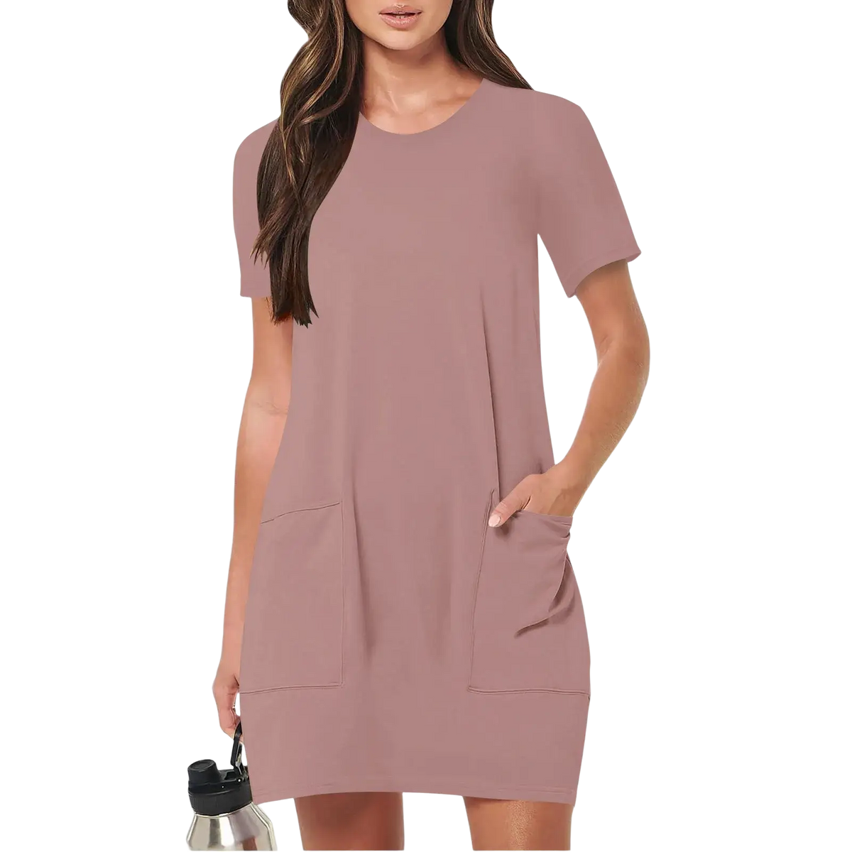 A soft mauve women casual short sleeve pocket dress with relaxed fit and two front pockets