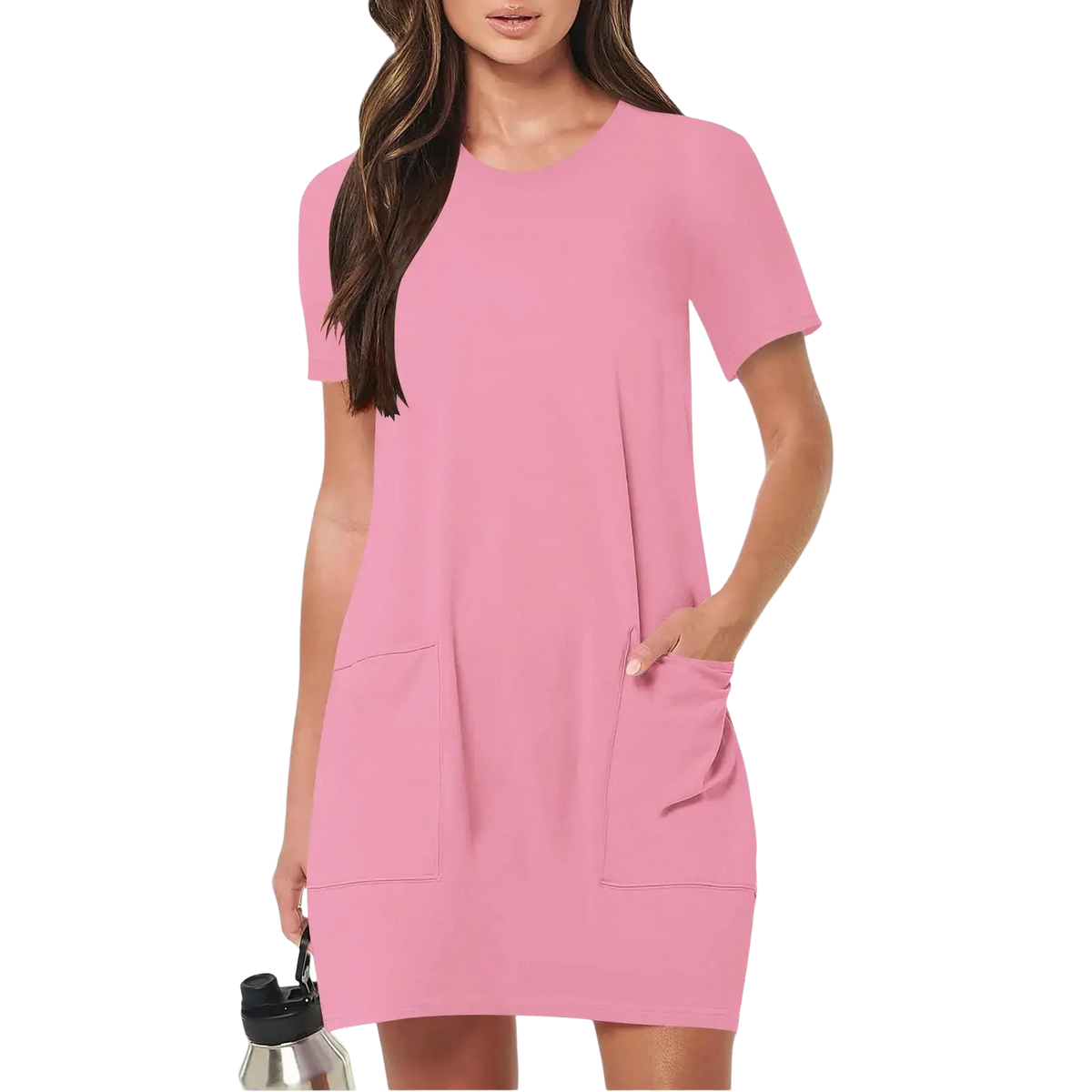 Women casual short sleeve pocket dress in soft pink with a relaxed fit and two front pockets knee-length design