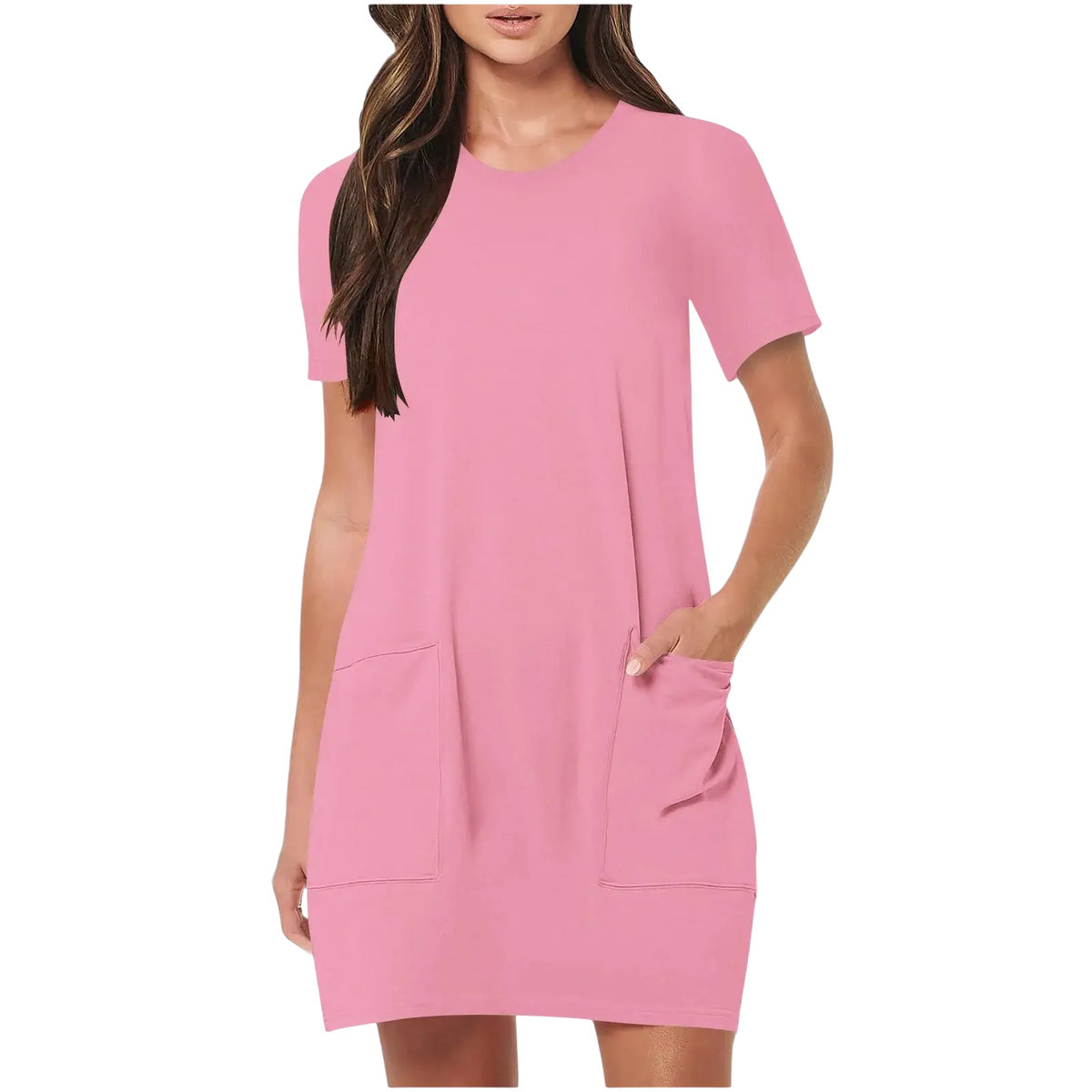 A soft pink women casual short sleeve pocket dress with a relaxed fit and knee-length design