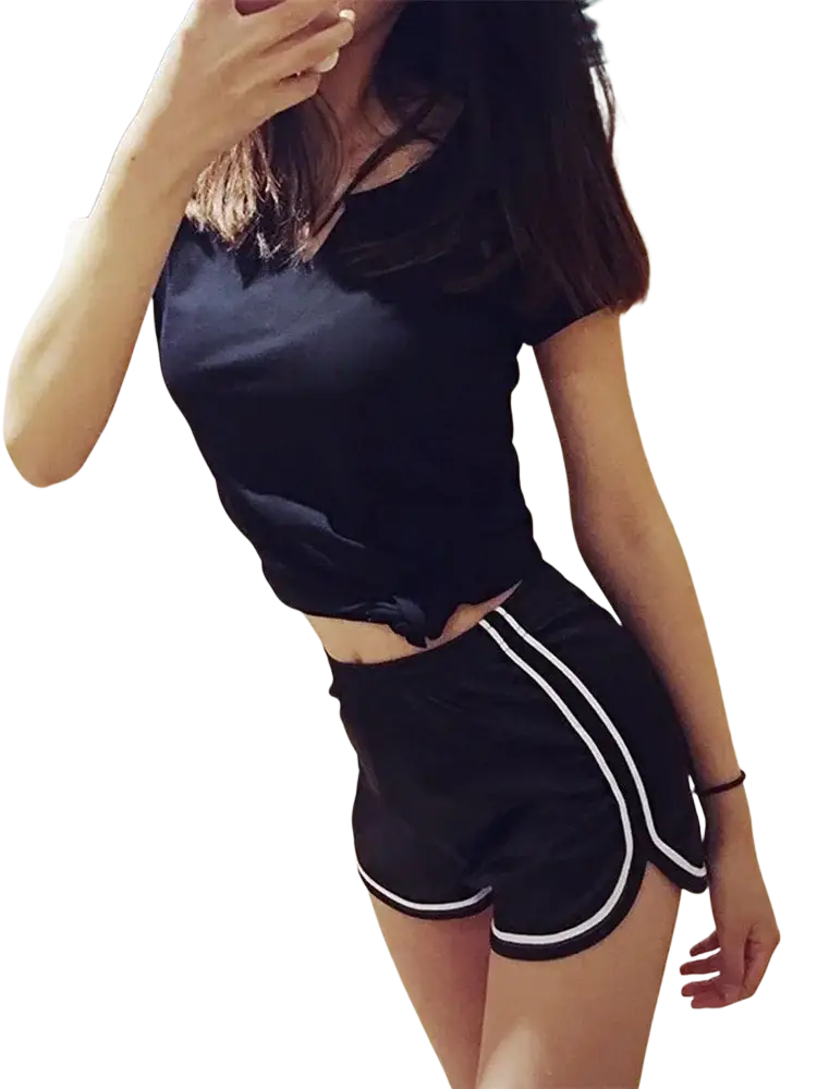 Women casual silk summer beach shorts in black with white side stripes and scalloped hem for athletic wear