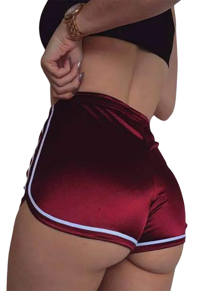 Women casual silk summer beach shorts in maroon velvet with white trim suitable for summer wear