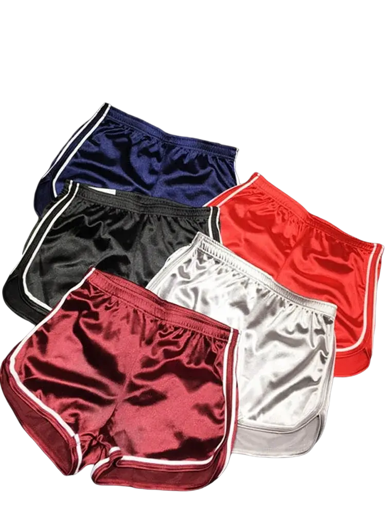 Set of five women casual silk summer beach shorts in satin with white trim in navy black red silver and maroon colors