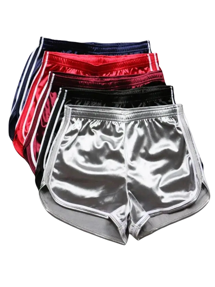 Women casual silk summer beach shorts in shiny metallic silver red black and navy blue with white side stripes