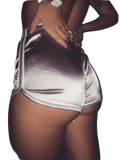 Women casual silk summer beach shorts in shiny silver metallic fabric with side lace-up detailing