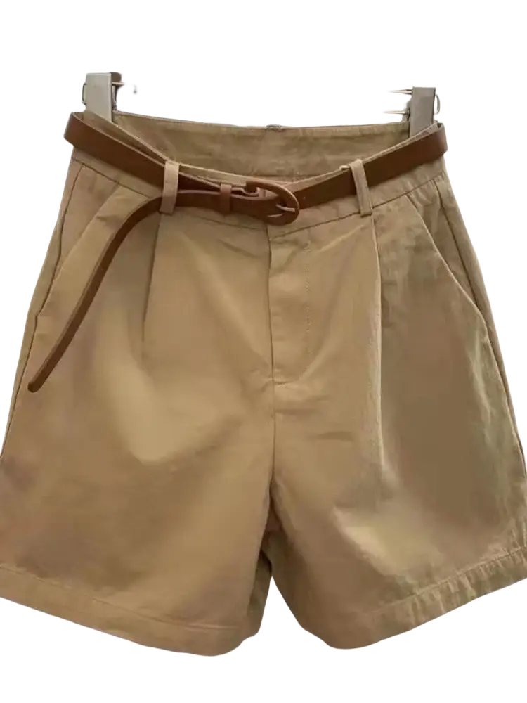Beige pleated women casual wide leg summer shorts with a matching brown leather belt and simple buckle