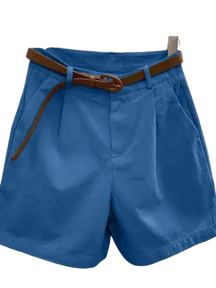 Blue high-waisted wide leg summer shorts for women with a brown leather belt featuring a buckle for casual wear