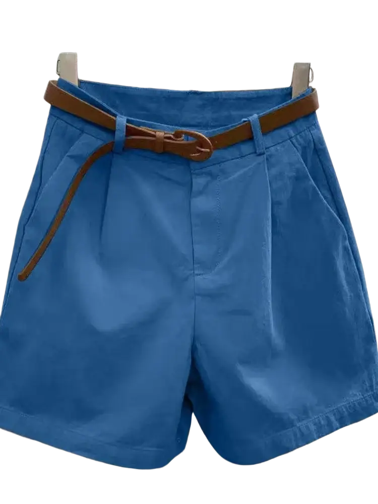 Bright blue pleated wide leg summer shorts with a brown leather belt for women casual wear
