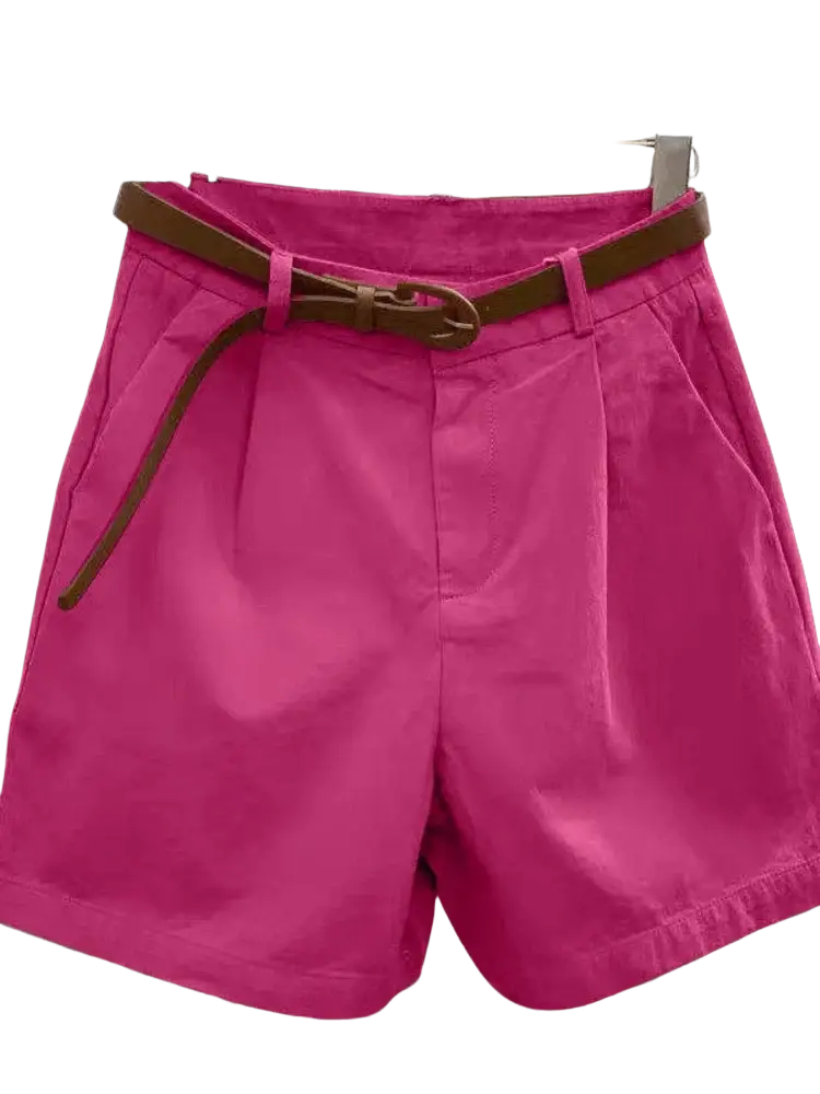 Women casual wide leg fuchsia high waisted summer shorts with a brown belt featuring a circular buckle