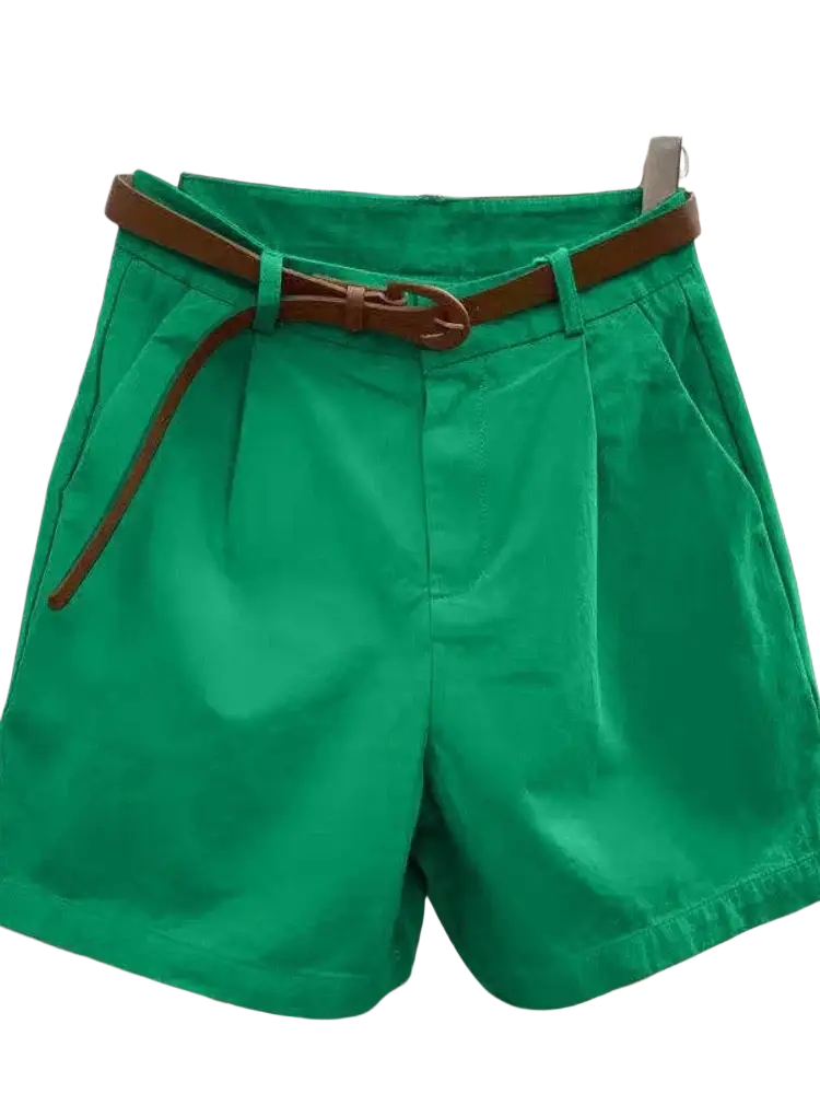 Women casual wide leg summer shorts in vibrant green pleated fabric with a brown leather belt for stylish comfort