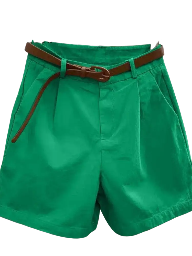 Vibrant green pleated women casual wide leg summer shorts with brown leather belt and buckle