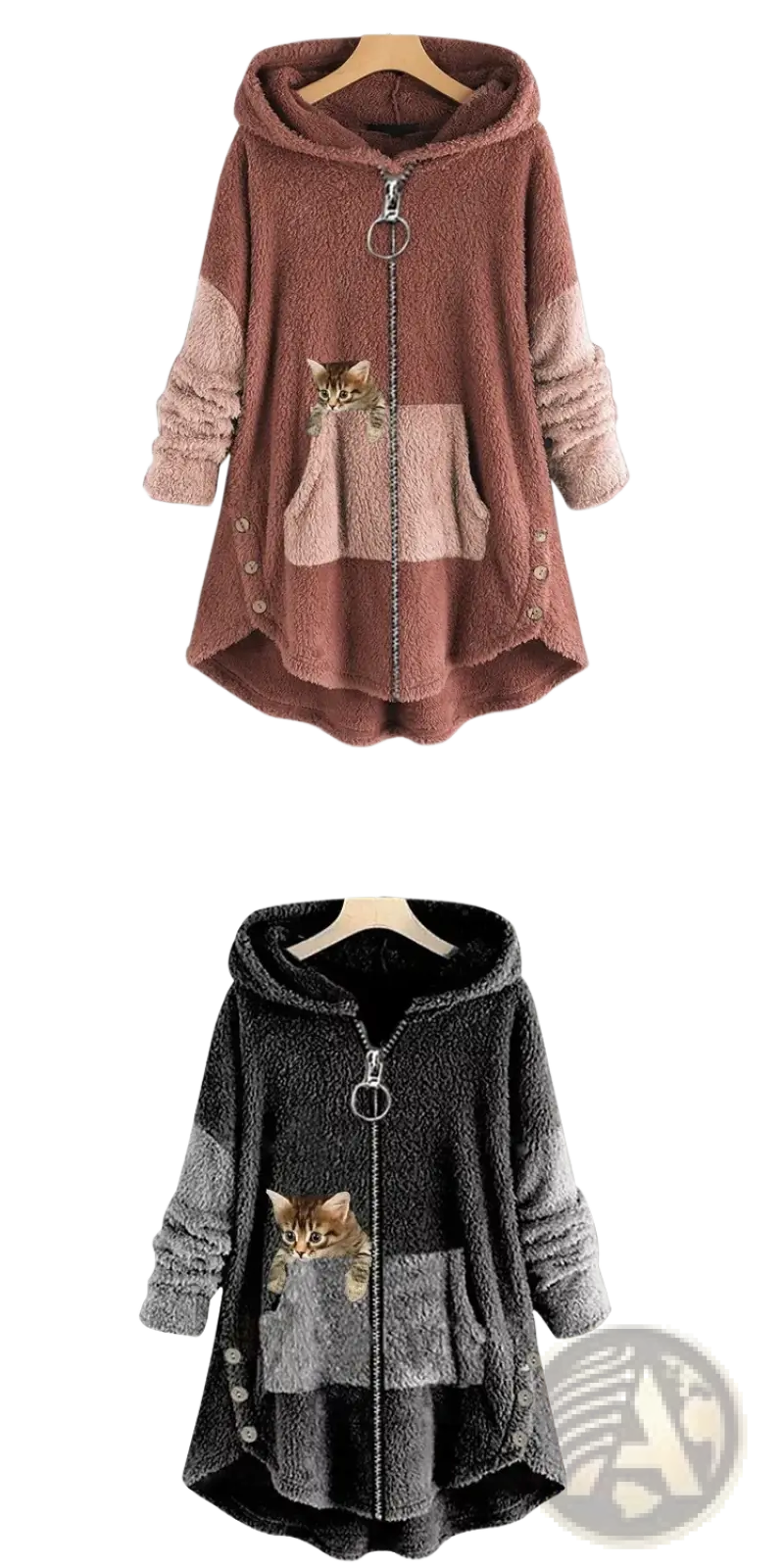 Women cat print patchwork zip hoodie coat in plush fabric with front zipper and kitten appliqués on pockets