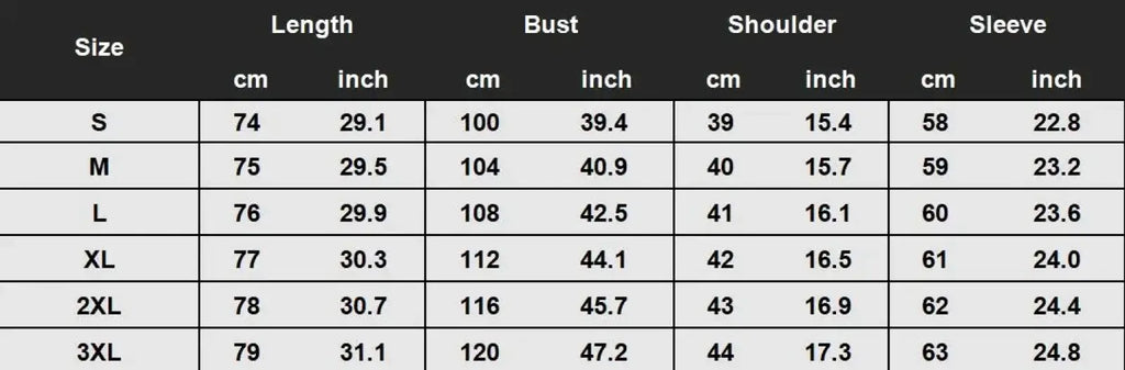 Size chart for women cat print patchwork zip hoodie coat showing measurements in cm and inches from s to 3xl