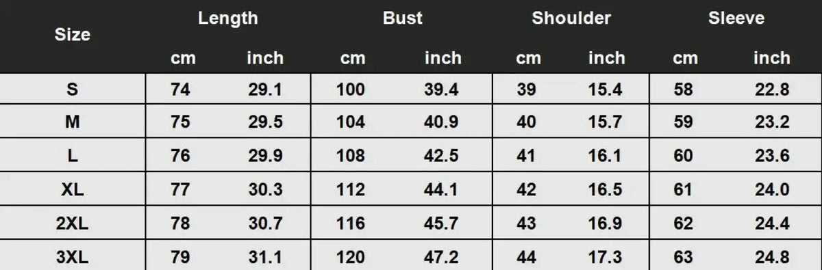 Size chart for women cat print patchwork zip hoodie coat showing measurements in cm and inches from s to 3xl