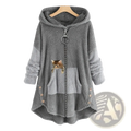Women cat print patchwork zip hoodie coat in gray fuzzy fabric with lighter sleeves and kitten graphic peeking from pocket
