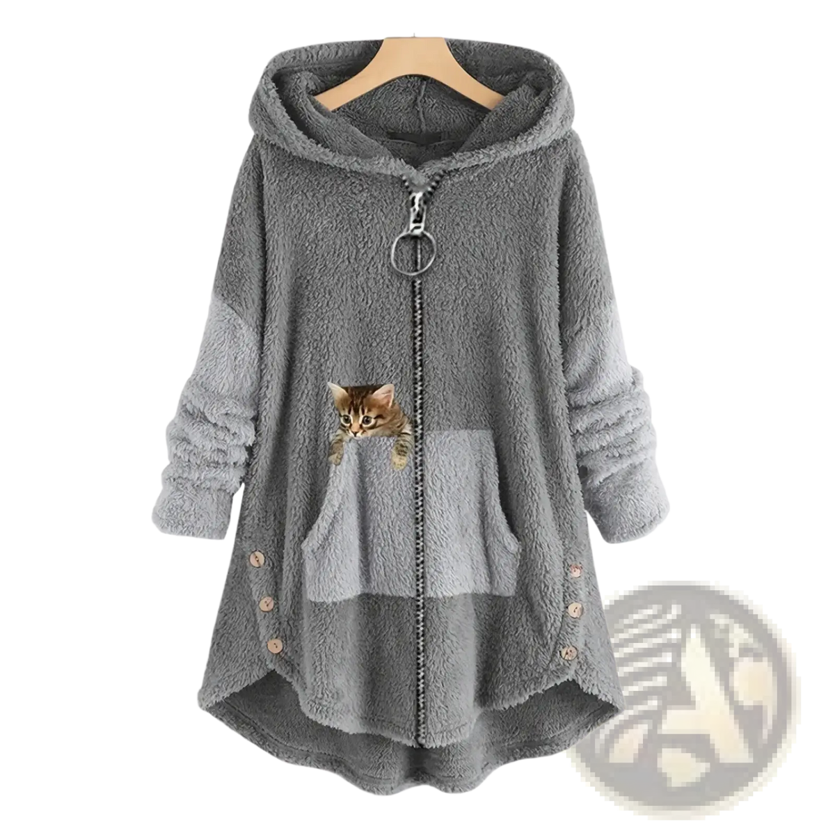 Women cat print patchwork zip hoodie coat in gray fuzzy fabric with lighter sleeves and kitten graphic peeking from pocket