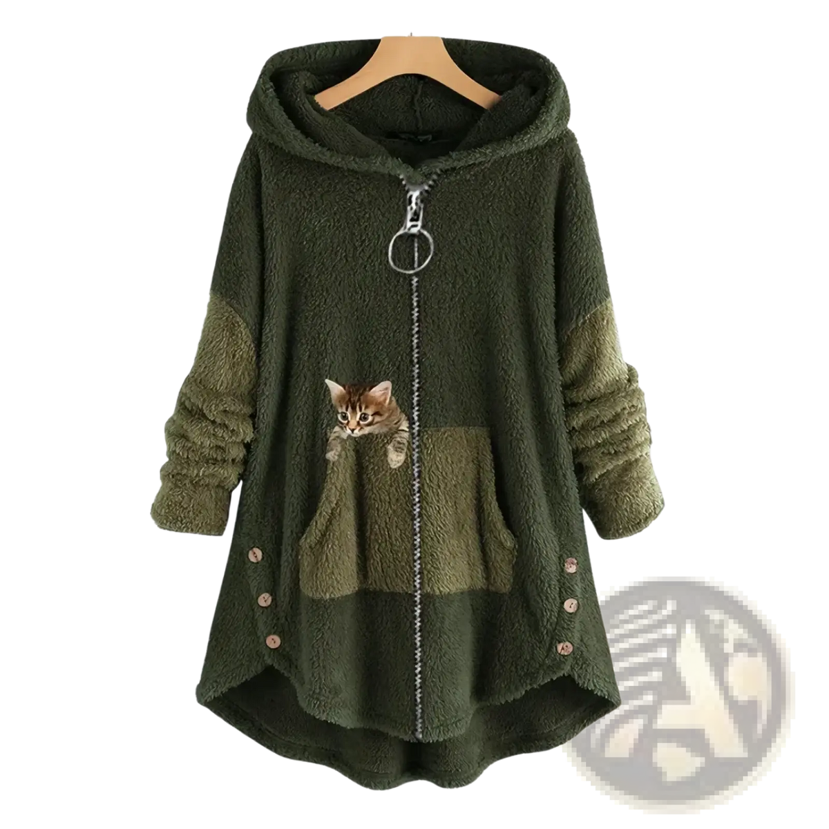 Women cat print patchwork zip hoodie coat in olive green fuzzy material with a kitten graphic on the front pocket