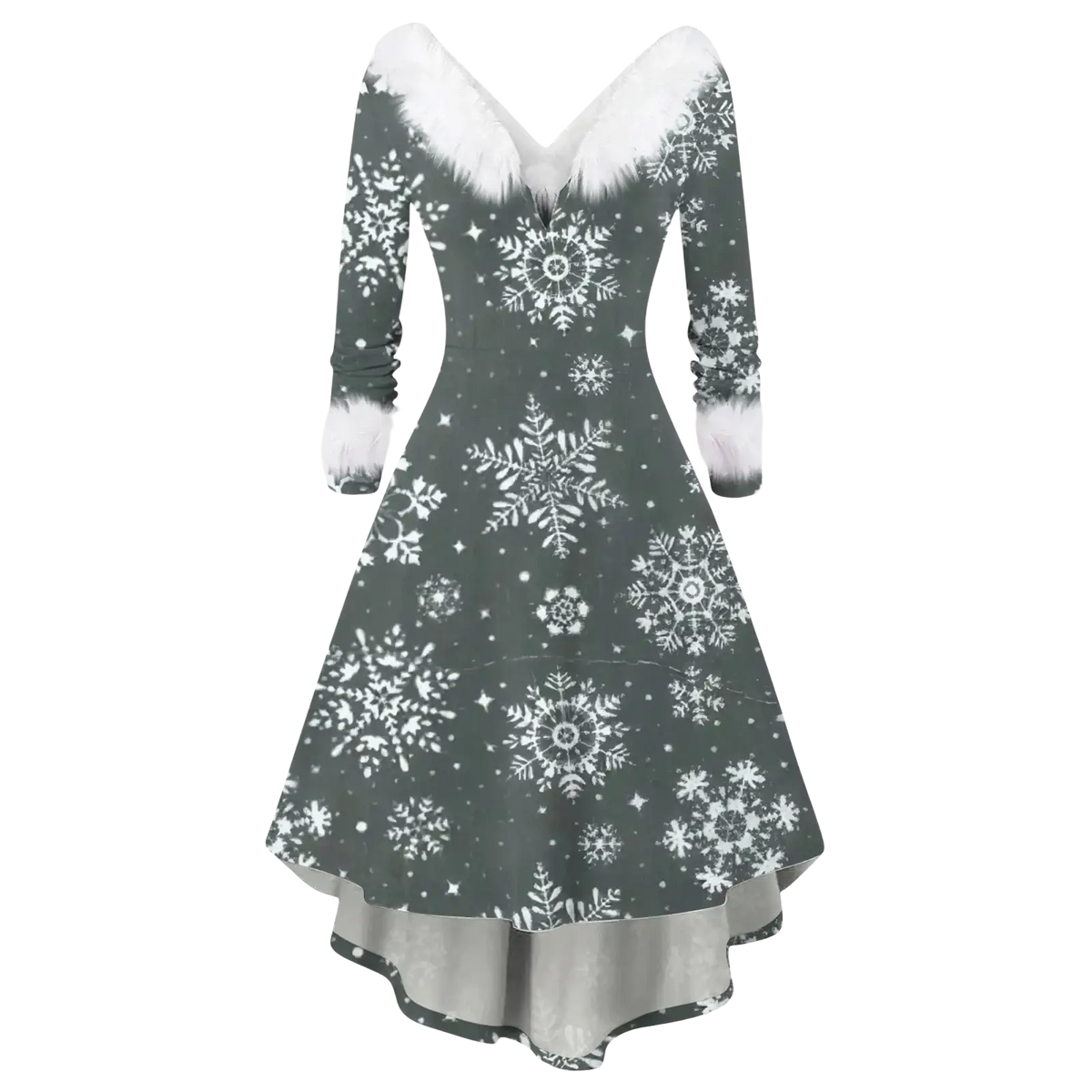 Women Christmas faux fur A-line dress in dark green with v-neckline, three-quarter sleeves, snowflake patterns, and faux fur trim