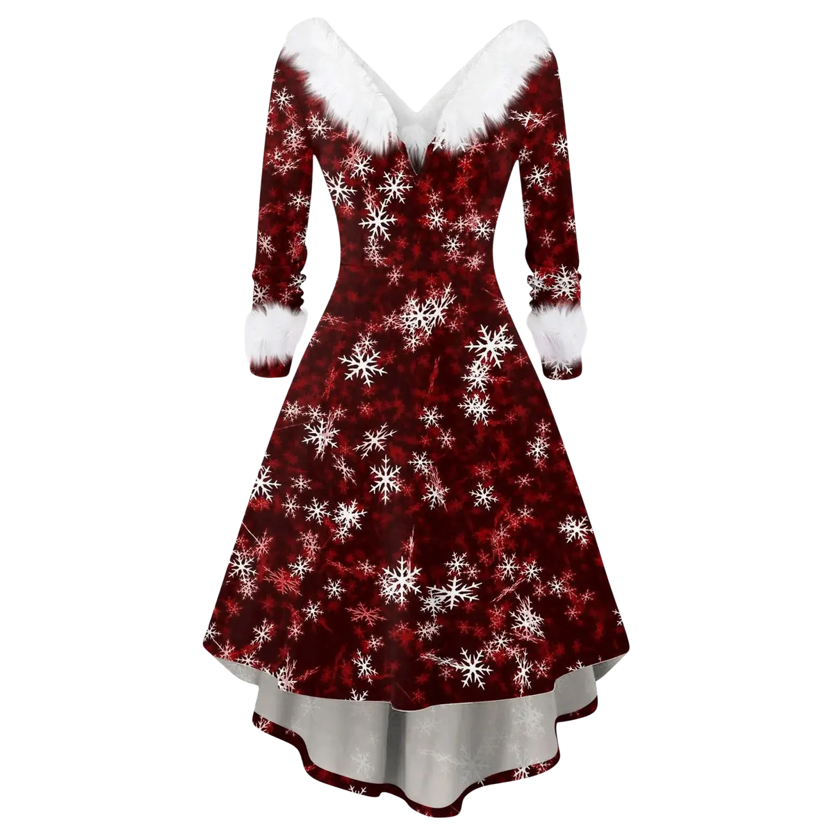 Women Christmas faux fur A-line dress in festive red with white fur-trimmed v-neck cuffs and snowflake patterns