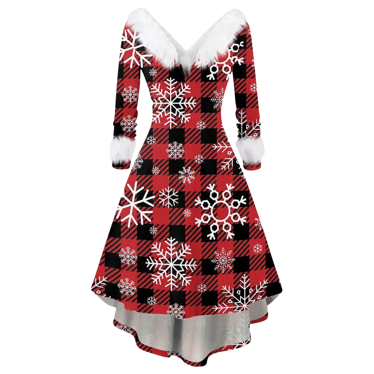 Women Christmas faux fur A-line dress in festive red and black plaid with white snowflake patterns and faux fur trim