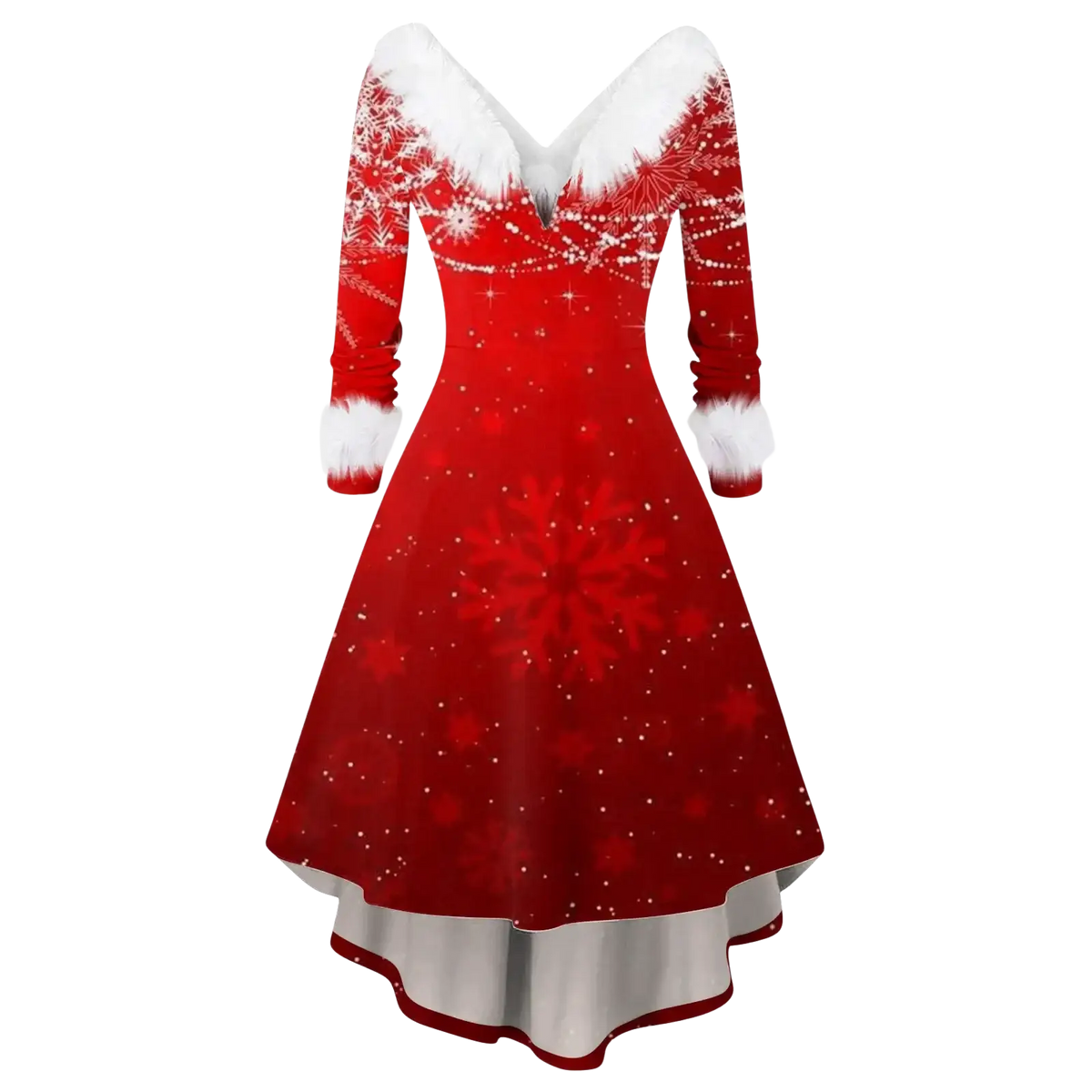Women Christmas faux fur A-line dress in red with white fur trim and large sparkling snowflake print