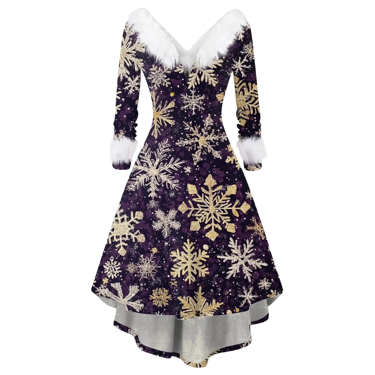 Women christmas faux fur a-line dress in deep purple with gold silver snowflakes and white faux fur trim on v-neckline sleeves