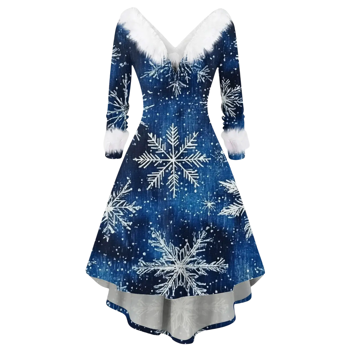 Women christmas faux fur a-line dress in navy blue with v-neckline, three-quarter sleeves, white snowflake patterns, and faux fur trim