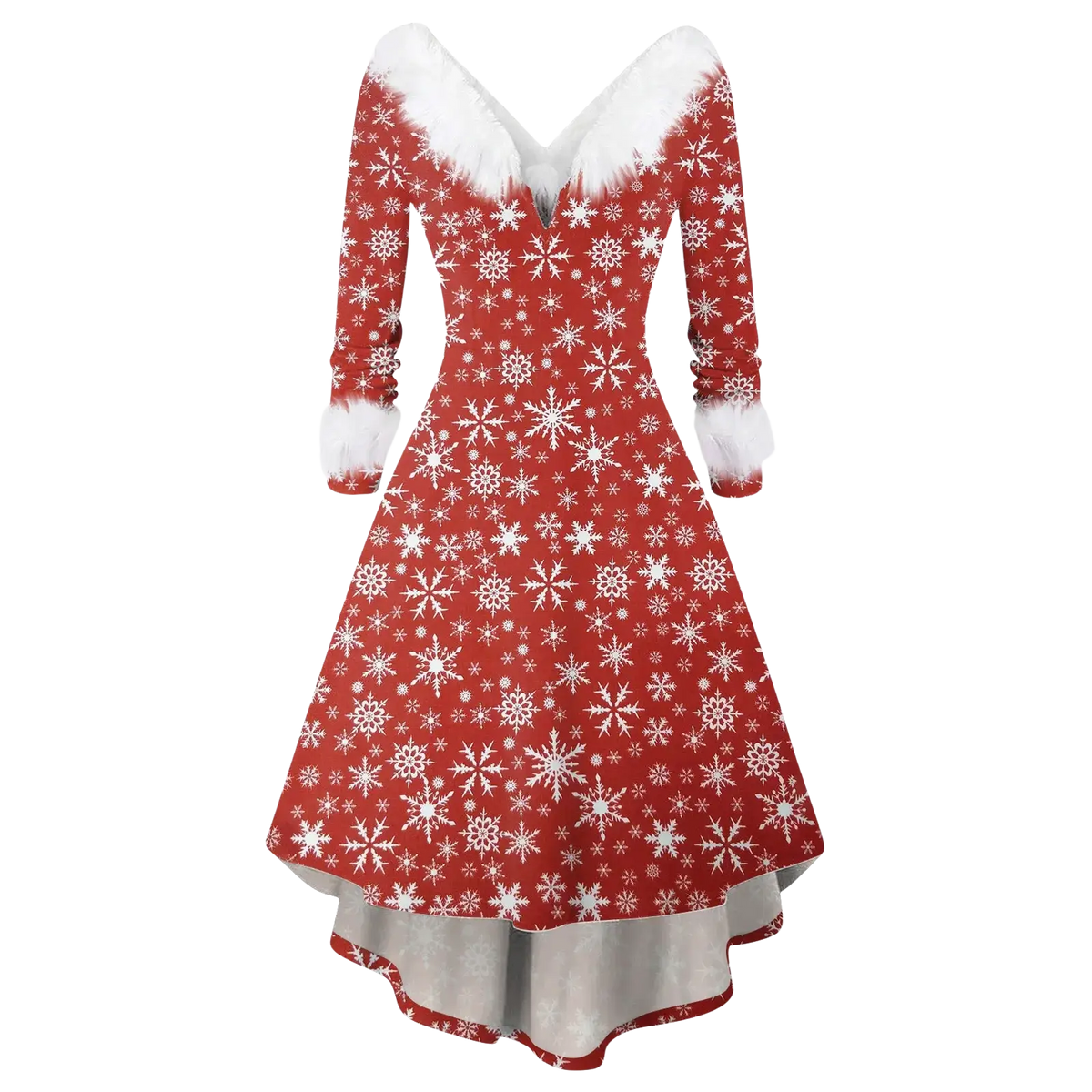 Women Christmas faux fur a-line dress in red with white snowflake pattern and faux fur trim at neckline and cuffs