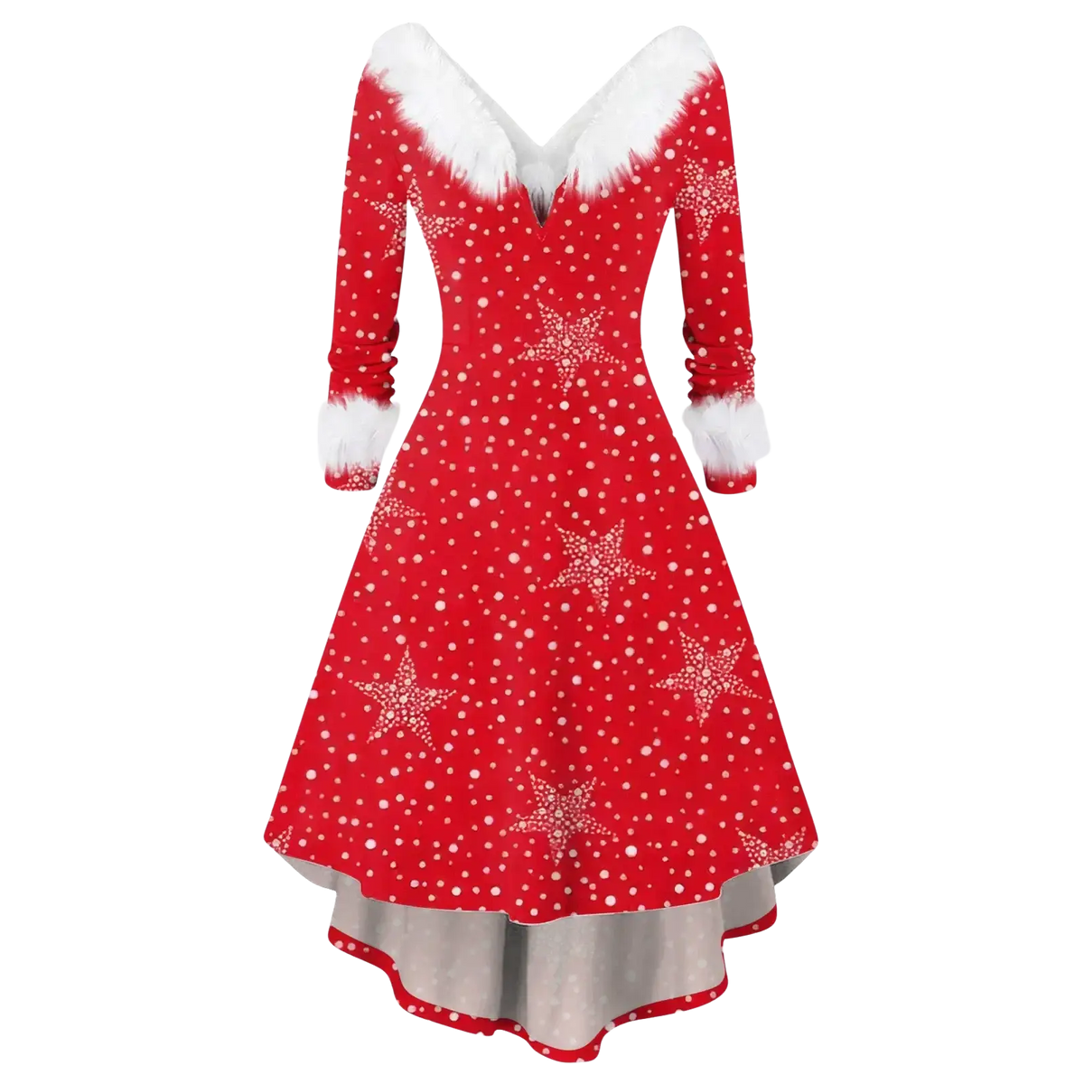 Women Christmas faux fur A-line dress in red with white star and dot pattern and faux fur trim at neckline and cuffs