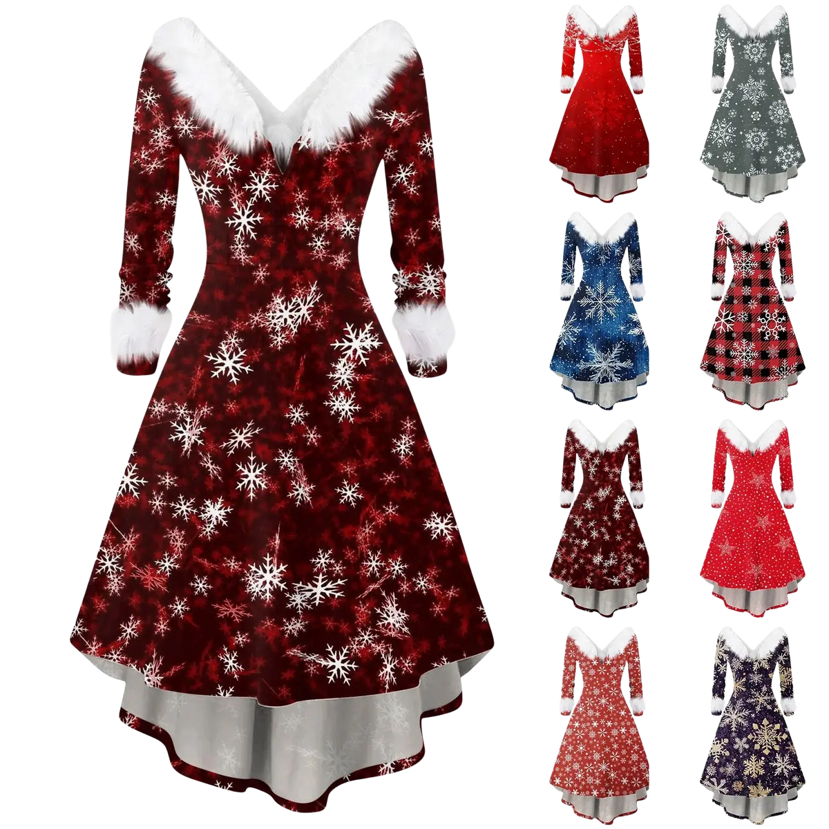 Women Christmas faux fur A-line dress in red with white snowflake pattern and faux fur trim at collar and cuffs
